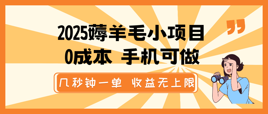 2025薅羊毛小项目，0成本 手机可做，几秒钟一单，收益无上限