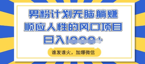 男粉计划无脑躺Z，顺应人性的风口项目，谁发谁火，加爆微信，日入多张